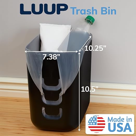 Luup Trash Can (Black) - Reuse Grocery Bags - Plastic Garbage Container for Bathroom, Vanity, Laundry Room, Kitchen, Office, Garage - 2.5 Gallon Wastebasket with Hooks to Secure Trash Bags