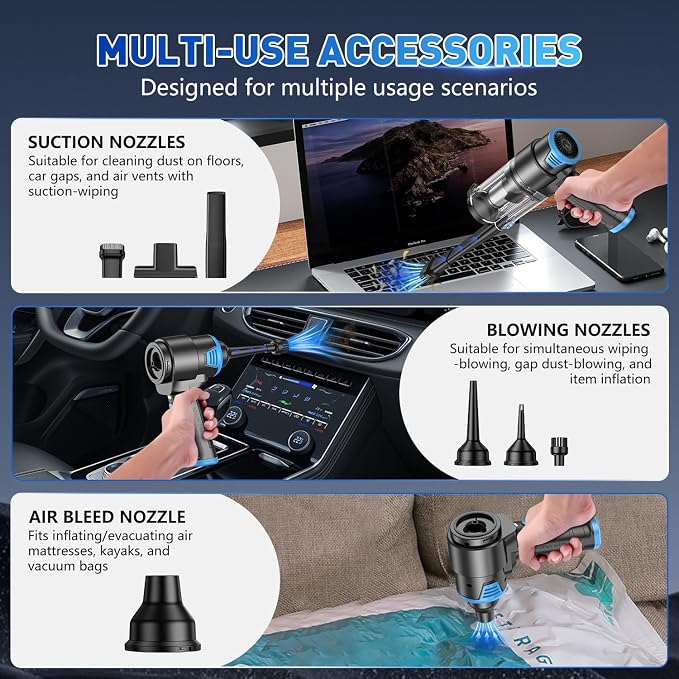 Handheld Car Vacuum Cleaner, 16000PA Air Duster & Vacuum Cleaner, 120W High Power Hand Held Vacuum Cordless, Portable Vacuum Rechargeable with Multi-Nozzles & LED Light for Car, Home, Pet, Office