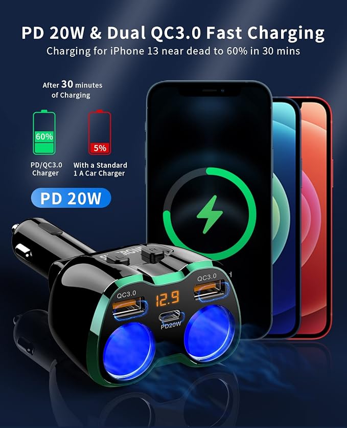 [2026 Upgraded] Cigarette Lighter Splitter, 180W 2-Socket Cigarette Lighter Adapter with Dual QC3.0 and 20W PD USB C Car Charger Splitter for GPS/Dash Cam/Laptop/iPad/iPhone 17/16/15/14/13/12