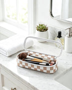 Preppy Checkered Clear Travel Makeup Brush Holder,Khaki and Beige Checkered Makeup Brush Toiletry Bag, Portable Cosmetic Brush Case,Transparent Waterproof Makeup Brush Storage Bag