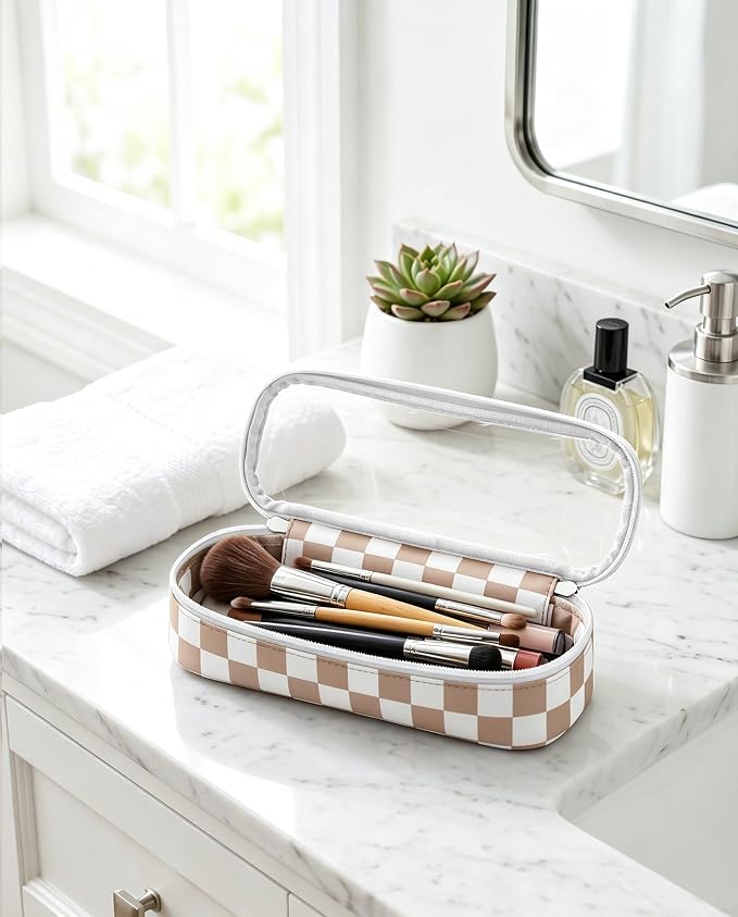 Preppy Checkered Clear Travel Makeup Brush Holder,Khaki and Beige Checkered Makeup Brush Toiletry Bag, Portable Cosmetic Brush Case,Transparent Waterproof Makeup Brush Storage Bag