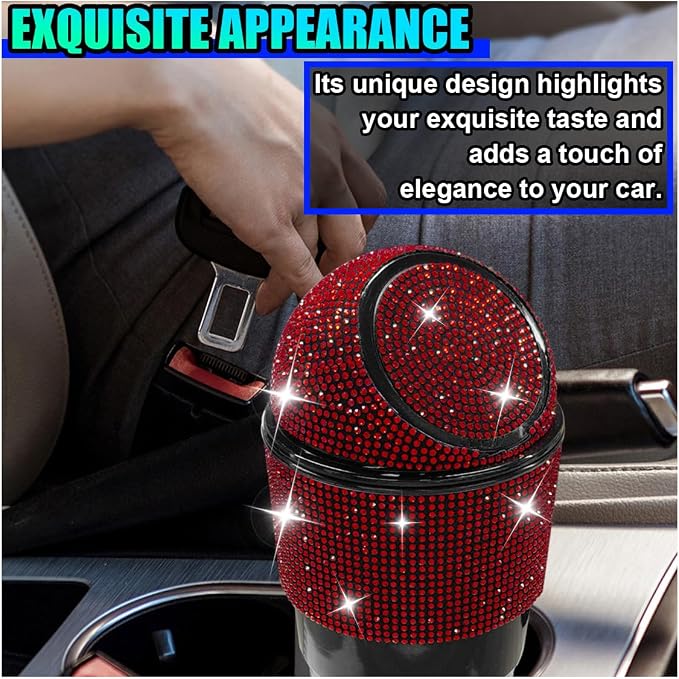 Bling Car Trash Can with Lid, Rhinestone Leakproof Waterproof Auto Cup Holder Garbage Bin, Portable Multipurpose Vehicle Dustbin and Organizer for Home Office Kitchen Bedroom (Red)