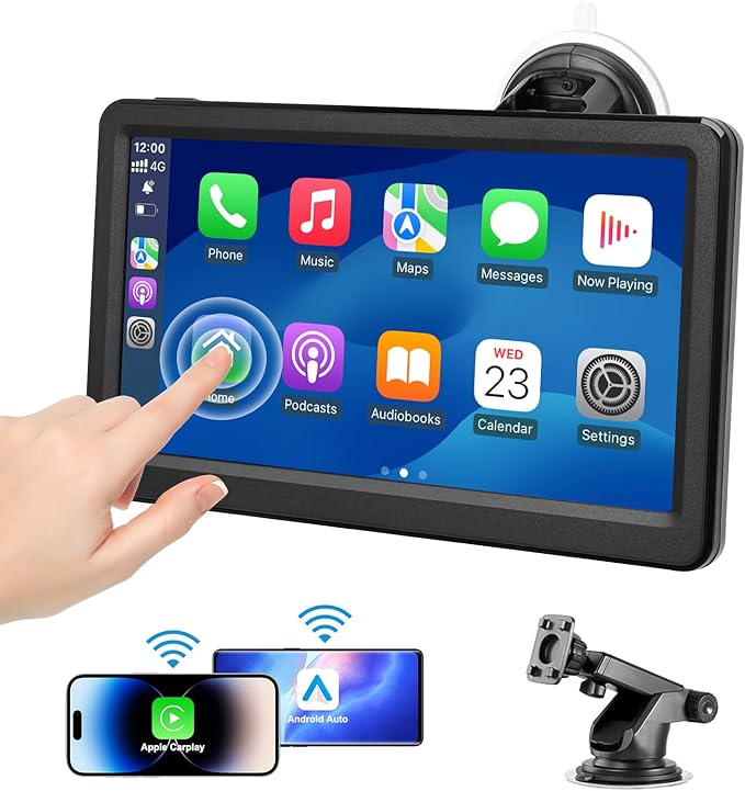 Wireless Carplay Screen for Car, 7" HD Touch Screen Portable Car Stereo for Carplay & Android Auto, Pantalla para Carros with Bluetooth, AUX, FM Transmitter, Voice Control