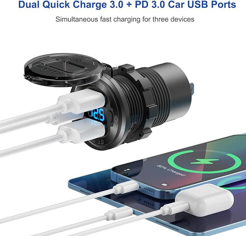 12V USB Outlet Marine Switch Panel Plug, PD3.0 and Dual QC3.0 USB Ports Aluminum Car Charger with LED Voltmeter Power Switch, Lighted 150W Cigarette Lighter Socket 2 in 1 DIY Kit for Boat RV ATV, etc.