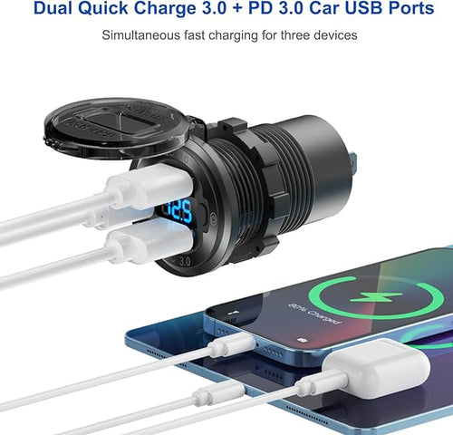 12V USB Outlet Boat Accessories Marine Switch Panel Plug, PD3.0 and Dual QC3.0 USB Ports Aluminum Car Charger with Voltmeter, Lighted 150W Cigarette Lighter Socket and Toggle Switch 3 in 1 DIY Kit