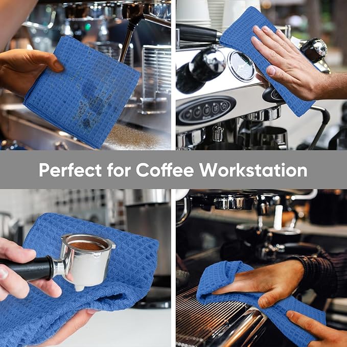 Waffle Weave Microfiber Towel, 10 Pack Lint Free Cleaning Rags, 12 x 12 Inches Barista Towels, Reusable Microfiber Cleaning Cloth for Household, Kitchen, Glass and Window, Blue