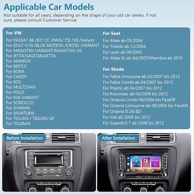 2G+64G Android for VW Jetta Seat Passat Tiguan CC Golf Skoda Double Din Car Stereo with Wireless Carplay/Android Auto 7 Inch HD Touchscreen Head Unit