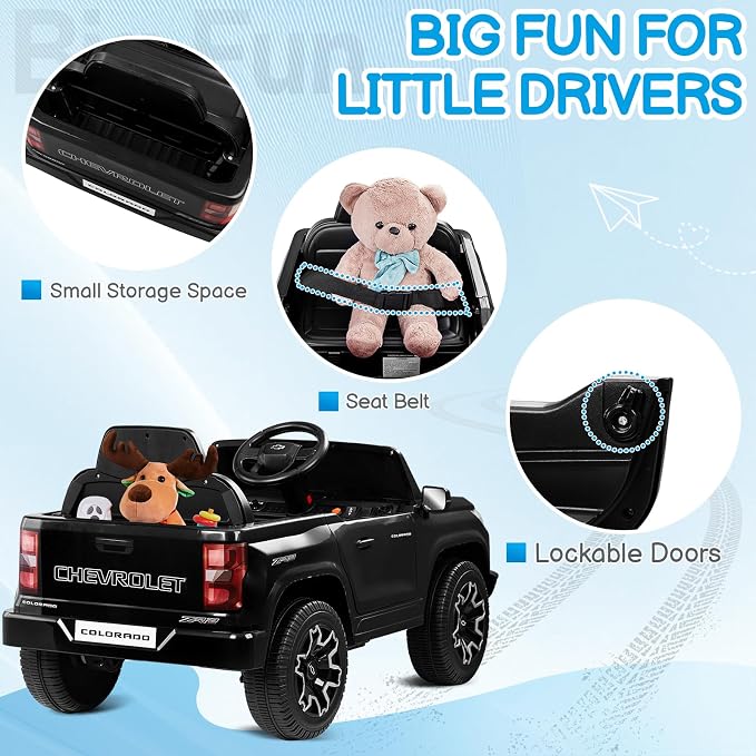 Licensed Chevrolet Colorado Electric Car for Kids, 12V Ride on Toys for Toddlers with Remote Control, Battery Powered Electric Car Ride On Vehicle w/Bluetooth, Soft Start, LED Lights - Black
