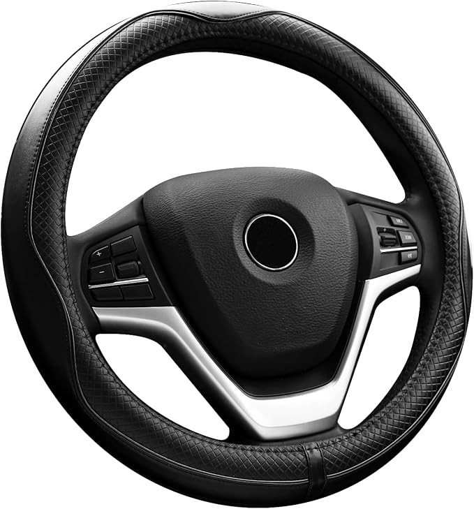 Steering Wheel Covers Universal 15.75 inch - Genuine Leather, Breathable, Anti Slip & Odor Free (Black with Black Lines, L(15" 1/2-16"))
