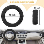 3 PCS Fluffy Steering Wheel Cover Set, 15'' Furry Car Wheel Cover, 2 Seat Belt Shoulder Pads, Anti-Slip Fur Steering Wheel Cover, Winter Warm Fluffy Car Accessories for Women, Black