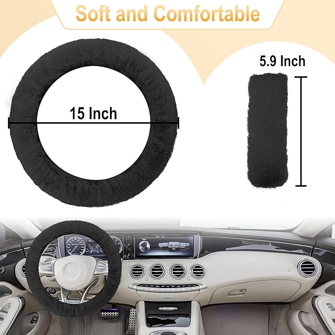3 PCS Fluffy Steering Wheel Cover Set, 15'' Furry Car Wheel Cover, 2 Seat Belt Shoulder Pads, Anti-Slip Fur Steering Wheel Cover, Winter Warm Fluffy Car Accessories for Women, Black