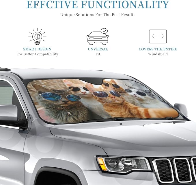 Windshield Sun Shade Funny Cat Car Front Window Sunshade Cover for Truck SUV Blocks UV Rays Automotive Visor Interior Protector 55 x 30 inch