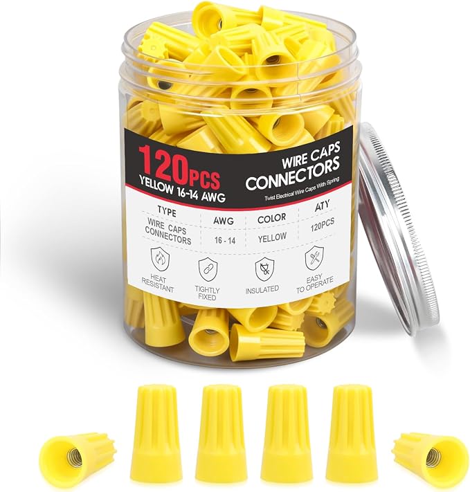 120PCS Yellow Wire Connectors Kit 16-14 AWG Electric Wire Caps Insulating Insert Twist Electrical Wire Terminal with Spring for Connect Electrical Wiring Automotive Car Truck Boats Marine