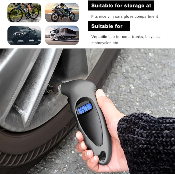 Digital Tire Pressure Gauge, 150PSI 4 Settings High Accuracy Tire Gauge with Backlit LCD and Non-Slip Grip, Easy to Read Air Pressure Gauge for Cars, Trucks and Bicycles (Gray)