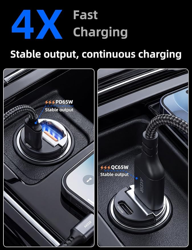 65W USB C Car Charger Fast Charging，12V USB Outlet Accesorios para Carro，Cigarette Lighter USB Charger，Car Phone Charger for iPhone/17/16/15/14/13 Samsung S25 S24 S23Google Android
