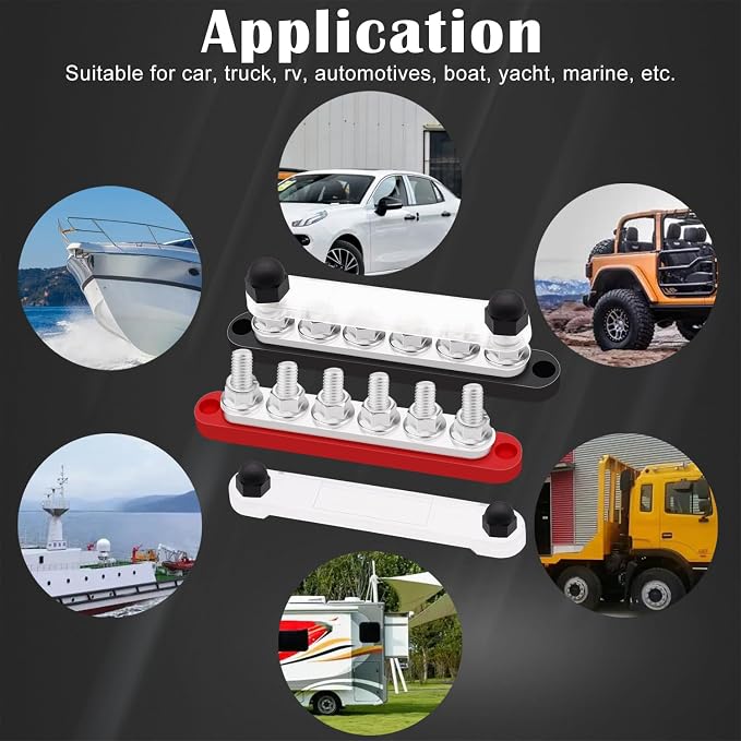 350A Bus Bar 12V Marine 6 x 3/8" (M10) Terminal Studs 12V-48V Power Distribution Block with Cover,with 4PCS Battery Lugs and 4PCS Heat Shrink Tubing Busbar for Boat Automotive Car