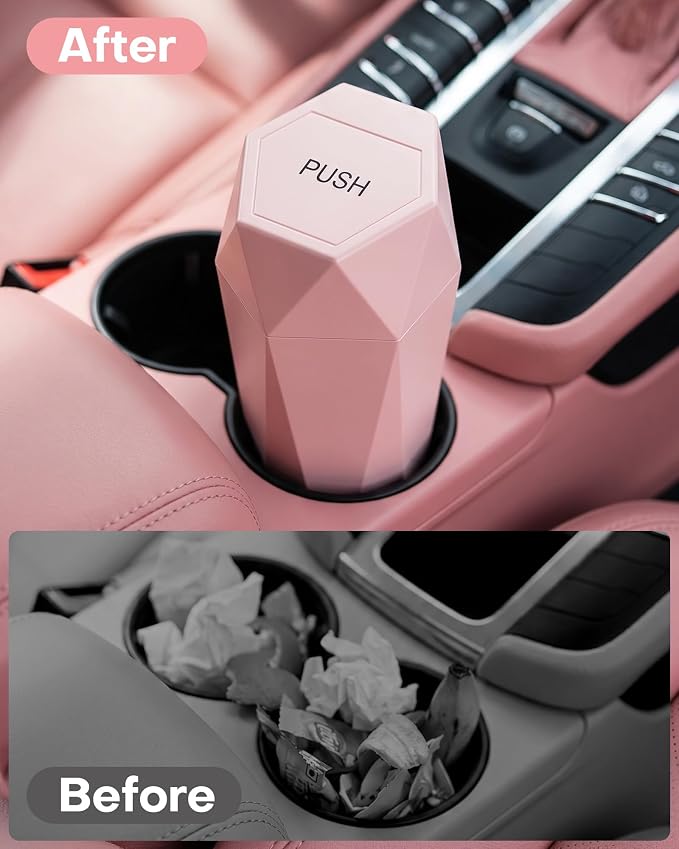 Car Trash Can with Lid - 1 Pack, Car Accessories for Interior, Leakproof Vehicle Garbage Can with 15 Attached Trash Bags, Multipurpose Organizers and Storage for Home, Office, Pink