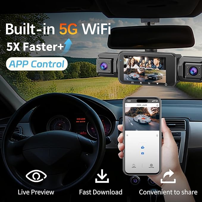 4 Channel Dash Cam Front and Rear Cabin, 360 Dash Camera, Night Vision 8 IR Lamps for Cars, 5G WiFi for Download, G-Sensor, 24H/7 Parking Mode with 64GB Card, Support 256 GB Max