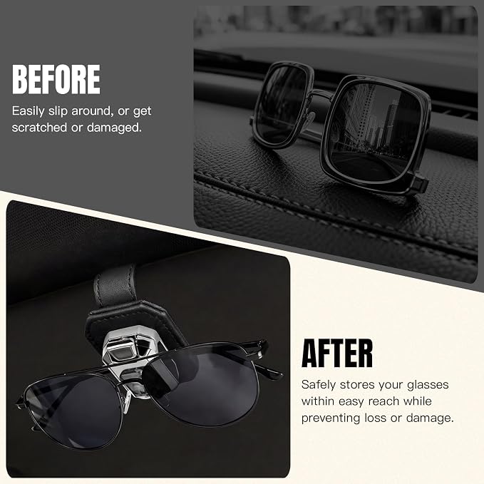 Sunglass Holder for Car Visor, Faux Leather Eyeglass Holder Clip for Car Sun Visor Organizer, Universal One Handed Operation Sun Glass Hanger, Car Interior Accessories for Women Man