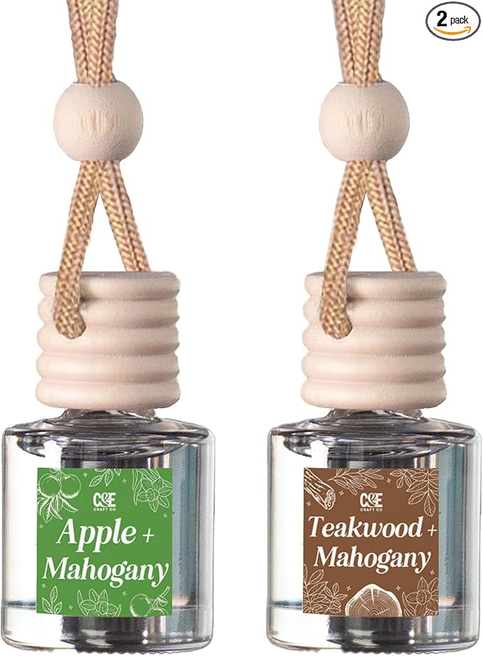 C&E Craft Co Hanging Car Air Freshener Diffuser 2 Pack, Long Lasting Fragrance Oil Car Freshener, Glass Bottle Auto Air Freshener, Made in USA (Apple & Mahogany + Teakwood & Mahogany)