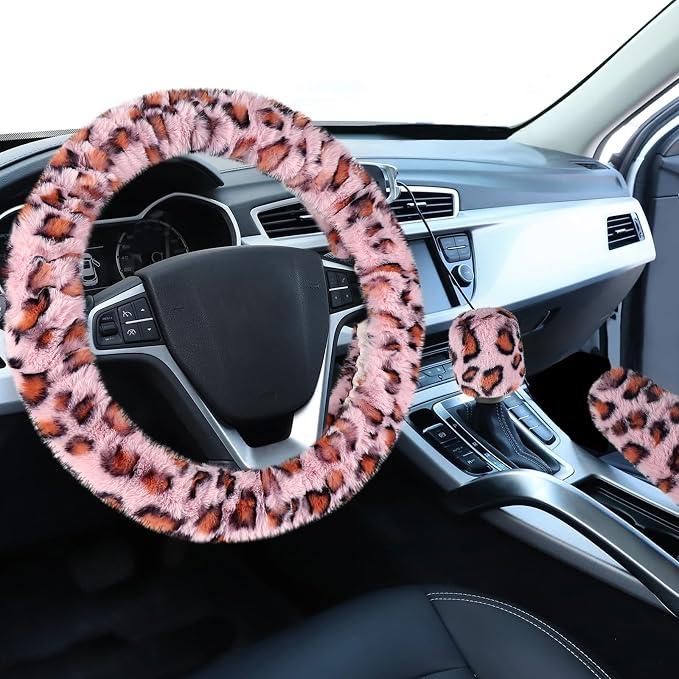 Fuzzy Steering Wheel Cover, Universal Fit Fur Car Wheel Cover & Handbrake Cover & Gear Shift Cover Set for Women Girls, Leopard Winter Warm Fluffy Vehicle Wheel Protector for Auto, SUV (Pink)