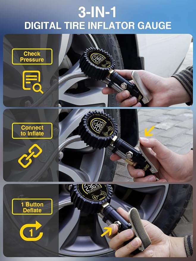 Digital Tire Inflator Gauge 255 PSI, Heavy Duty Tire Pressure Gauge with Air Chuck, Steel Braided Hose, Quick Connect Coupler & Case for Truck RV Trailer