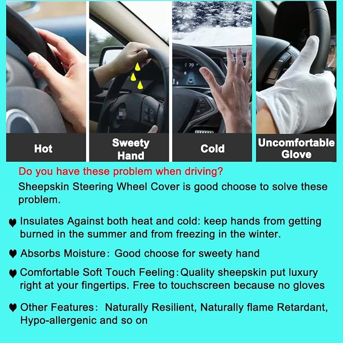 3Pcs/Set Pure Wool Fur Furry Steering Wheel Cover, Soft Fluffy Handbrake Cover Gear Shift Cover for Women Car SUV Truck Australia Sheepskin Accessories