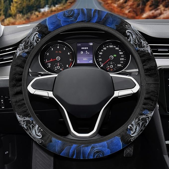 Car Steering Wheel Covers Universal 15 inch Fit Almost Car Blue Rose Steering Wheel Covers Comfortable Soft Sweat Absorbing Steering Wheel Stretch-on Protector Cover Auto Decoration