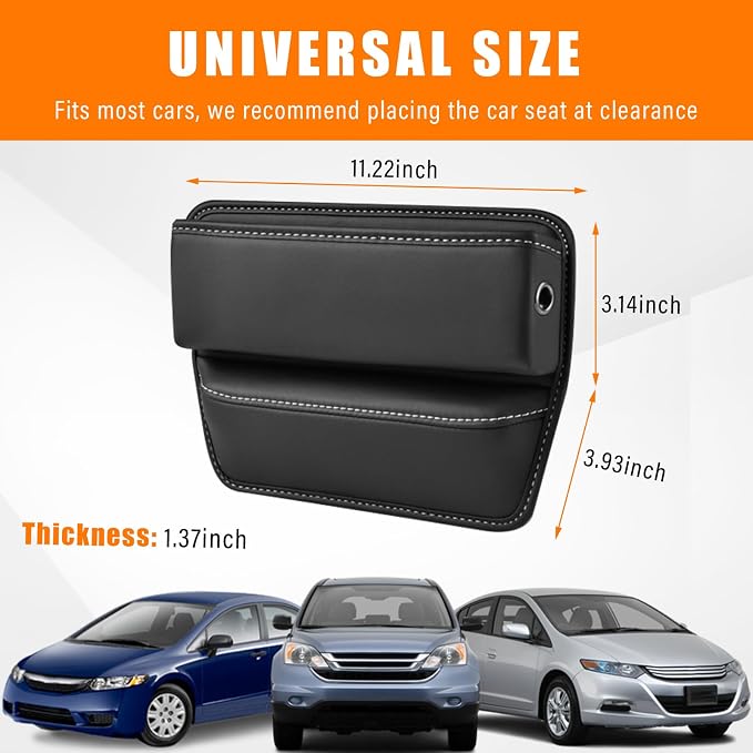 Car Seat Gap Organizer, Premium Leather Auto Seat Storage Box, Vehicle Adjustable Front Seat Gap Filler, Car Seat Side Pocket Organizer for Phones, Glasses, Keys, Money, Cards (Black)