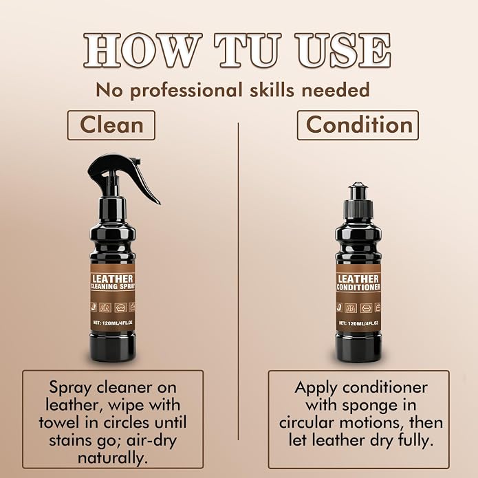 Leather Cleaner & Conditioner Kit - 4pc Set with 4oz Cleaner, 4oz Conditioner, Cloth & Sponge - For Bags, Purses, Furniture and Car Interiors