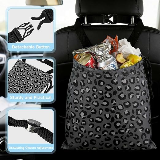 Grey Leopard Pattern Car Trash Bag - Waterproof Car Trash Bag Hanging Leakproof Car Garbage Bag - Washable Reusable Trash Bag For Car Interior Hanging Organizer Storage Vehicle Travelling Camping