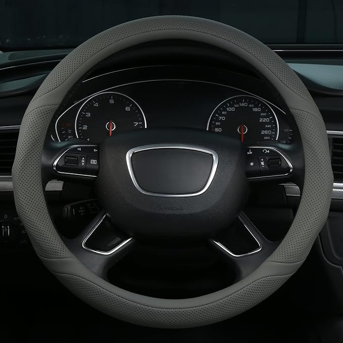 Gray Leather Steering Wheel Cover Universal 15 inch