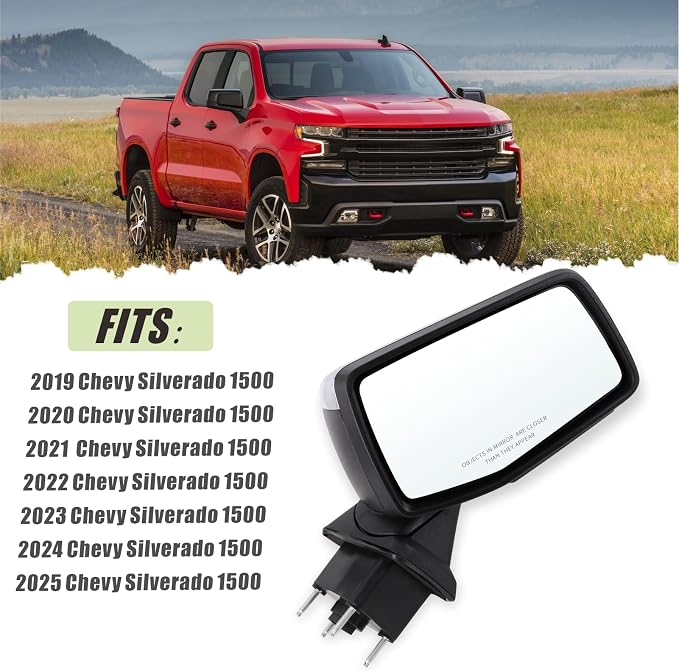 Right Passenger Side Mirror Compatible With 2019-2025 Chevy Silverado 1500 With Power Folding Heated Turn Signal Puddle Lights Mirror Memory Temperature Sensor Chrome Replace#84309684(15Pins)