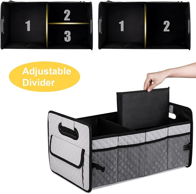 Car Trunk Organizers and Storage for SUV, Collapsible Multi Compartment Container Box Adjustable Car Accessories for Women Men, Light Grey