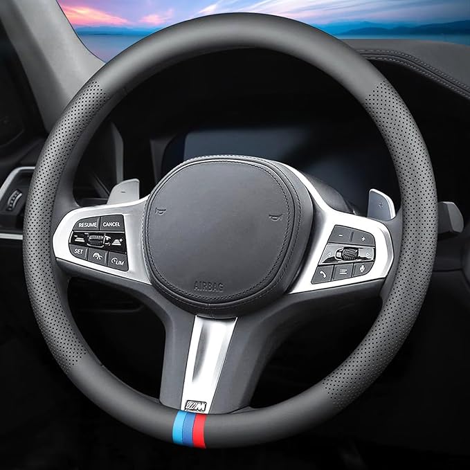 Car Leather Steering Wheel Cover - Panapi Material, Universal 14.5-15 Inch Leather Anti-Slip Breathable Auto Steering Wheel Covers for Men Women (Nappa Leather - Tricolor Stripes)