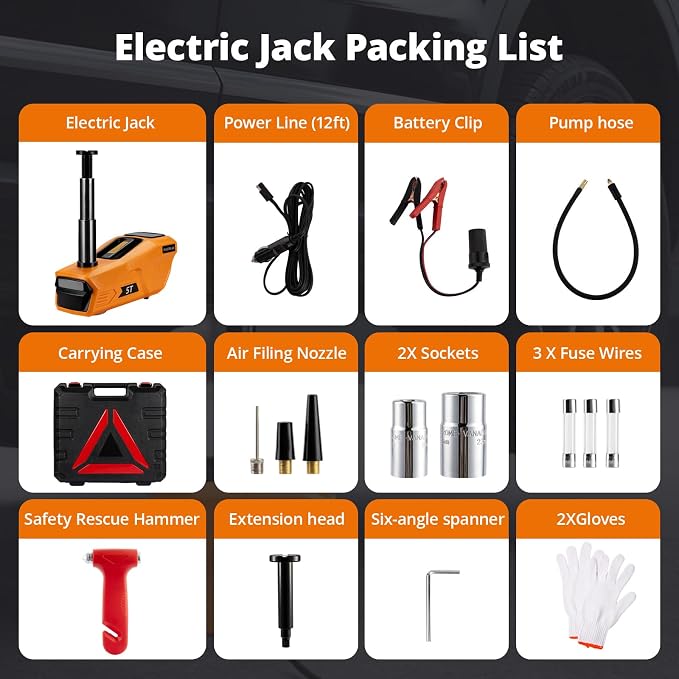 Electric Car Jack Kit 5 Ton 12V Cordless Hydraulic Floor Jack with Remote Control & Tire Inflator – Portable Emergency Lifting Kit for SUV, Sedan, Truck, Lifting Height 4.7-18 Inch