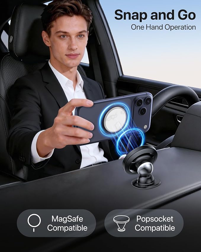Latest Upgrade for MagSafe Car Mount [33+LBS Strong Suction & 2200gf Magnetic] Small Phone Holders for Your Car Dashboard, 360° Adjustable Car Phone Holder Mount for iPhone Garmin GPS