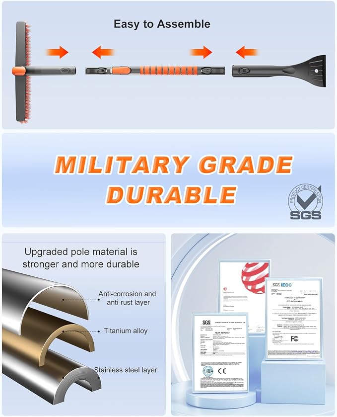 DooGooCoo [Upgrade] Ice Scraper & Extendable Snow Brush for Car Windshield [Military-Grade Sturdy] - 360° Pivoting Brush Head with Silicone Grip for Effortless One-Swipe Clean on Auto (Large)