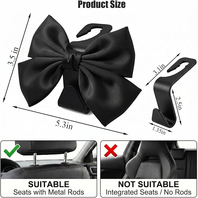 2 Pack Cute Bow Car Seat Headrest Hooks, Purse Hook for Car, Car Purse Hanger for Bags, Backseat Storage Organizer, Universal Vehicle Hooks for Women, Sedan SUV Truck, Black