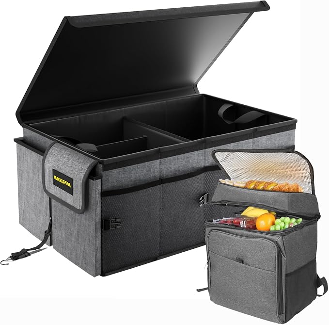 Car Trunk Organizer with Cooler - 65L Collapsible Trunk Organizer with Lid, Sturdy Car Storage for SUV Auto Truck Van with Adjustable Straps and Non Slip Bottom (Gray)