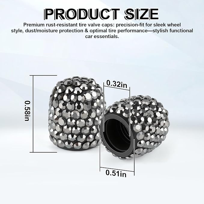 4 Pack Handmade Crystal Rhinestone Tire Valve Stem Caps, Universal for Cars, Trucks and Motorcycles - Glossy Black