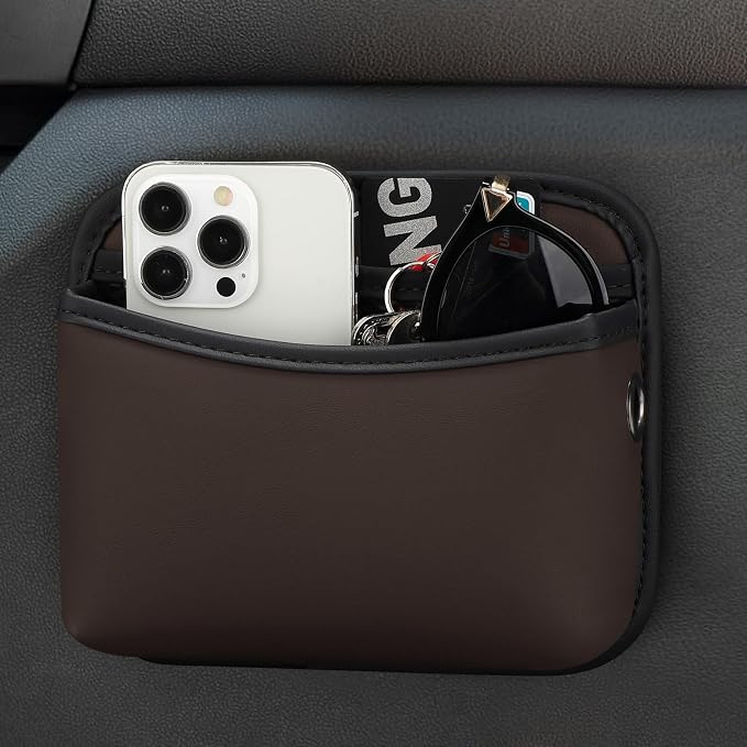 Universal Car Side Pocket Organizer, PU Leather Car Pocket Pouch for Car Seat, Door, Window, Console, Cards Trash Cell Phone Sunglasses Holder for Car, Brown