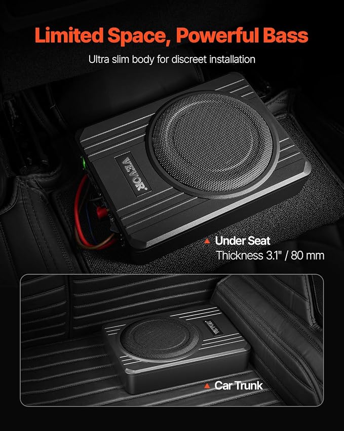 8" 400W Underseat Car Subwoofer, Slim Powered Car Subwoofers Under The Seat, Low Profile Audio Sub Built-in Amplifier, High/Low Level Input & Volume Controller for SUVs, Car, Truck, RV