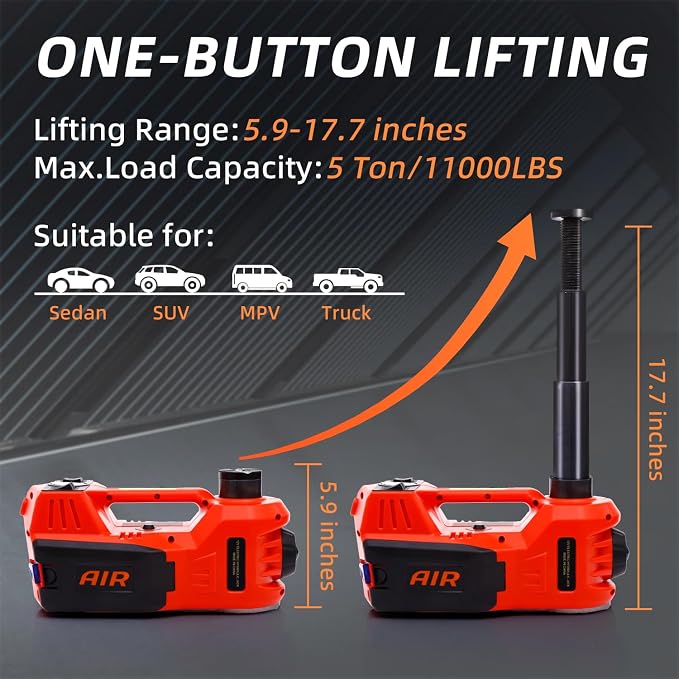 Electric Car Jack Quick Lifting Safe and Portable with Tire Inflator and LED Light Complete Set of Accessories 12V Hydraulic Floor Jack