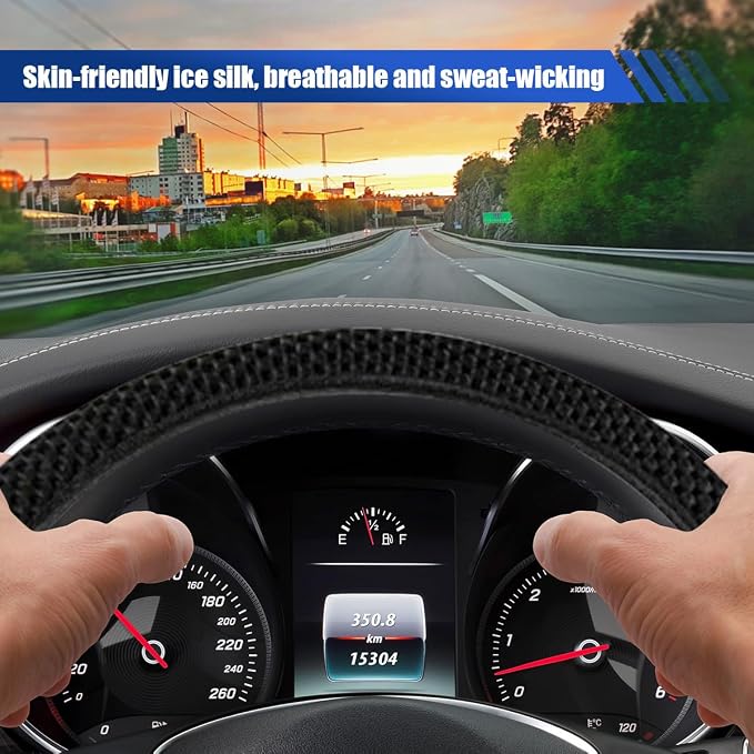 Elastic Stretch Steering Wheel Cover, 15" Breathable Microfiber Ice Silk Steering Wheel Protector, Universal Anti-Slip Car Warm in Winter&Cool in Summer Accessories for Men Women (Black)