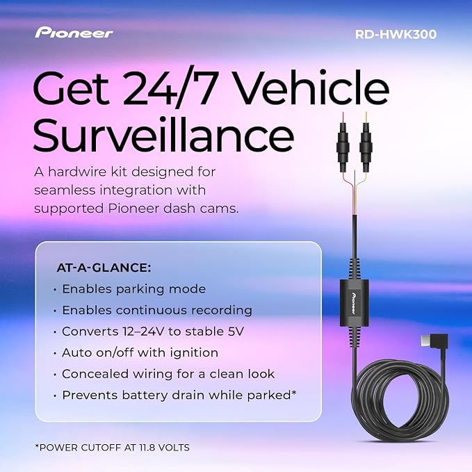 RD-HWK300 USB-C Hardwire Kit for Compatible Dash Cams – 12-24V to 5V with Low Voltage Protection, Fuse Safety, Parking Mode Support for Continuous Recording