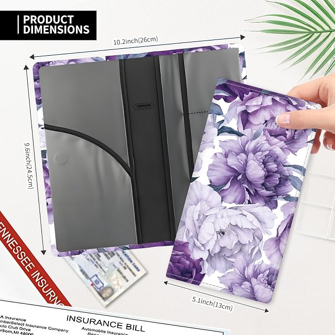 Leather Car Registration and Insurance Card Holder, Cute Car Accessories Vehicle Glove Box Car Organizer for Documents, Cards, License Cute Purple Flowers