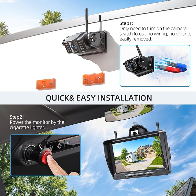 Dual Magnetic Wireless Backup Cameras - HD1080P 7” DVR Monitor, Stable Signal for RV/Trailer/Truck/Tractor/Camper/Hitch/Travel, 1-Min Install-Free, Clear Night Vision Back Up Camera (ACT702)