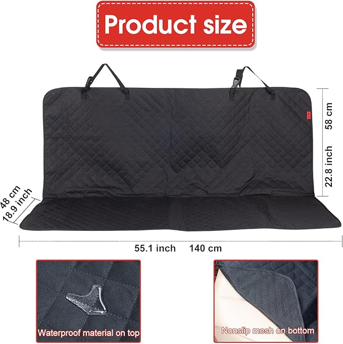 Dog Car Seat Cover, Back Seat Cover for Dogs Pet Car Seat Protector Waterproof Bench Car Seat Cover, Non-Slip Rear Seat Cover with 4 Safety Belt Openings for Safe Travel, Fits Cars Trucks SUVs
