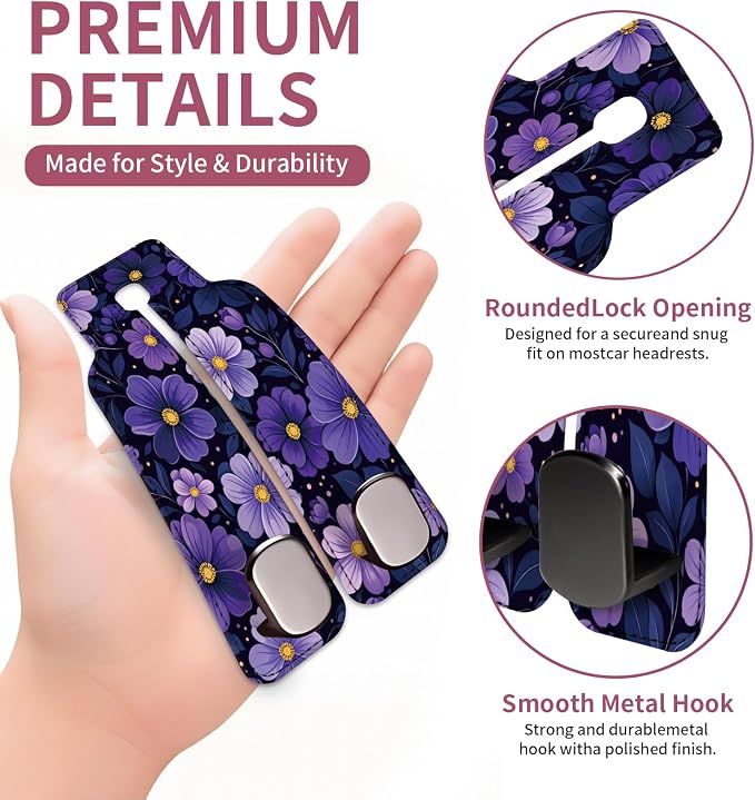 Car Seat Back Storage Hook, Funny Car Purse Hook, Cute Vehicle Storage Organizer for Purses Handbags Purple Flower Pattern